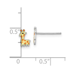 QE16635 Sterling Silver Rhodium-plated Polished & Yellow, Orange & Black Enameled Giraffe Children's Post Earrings