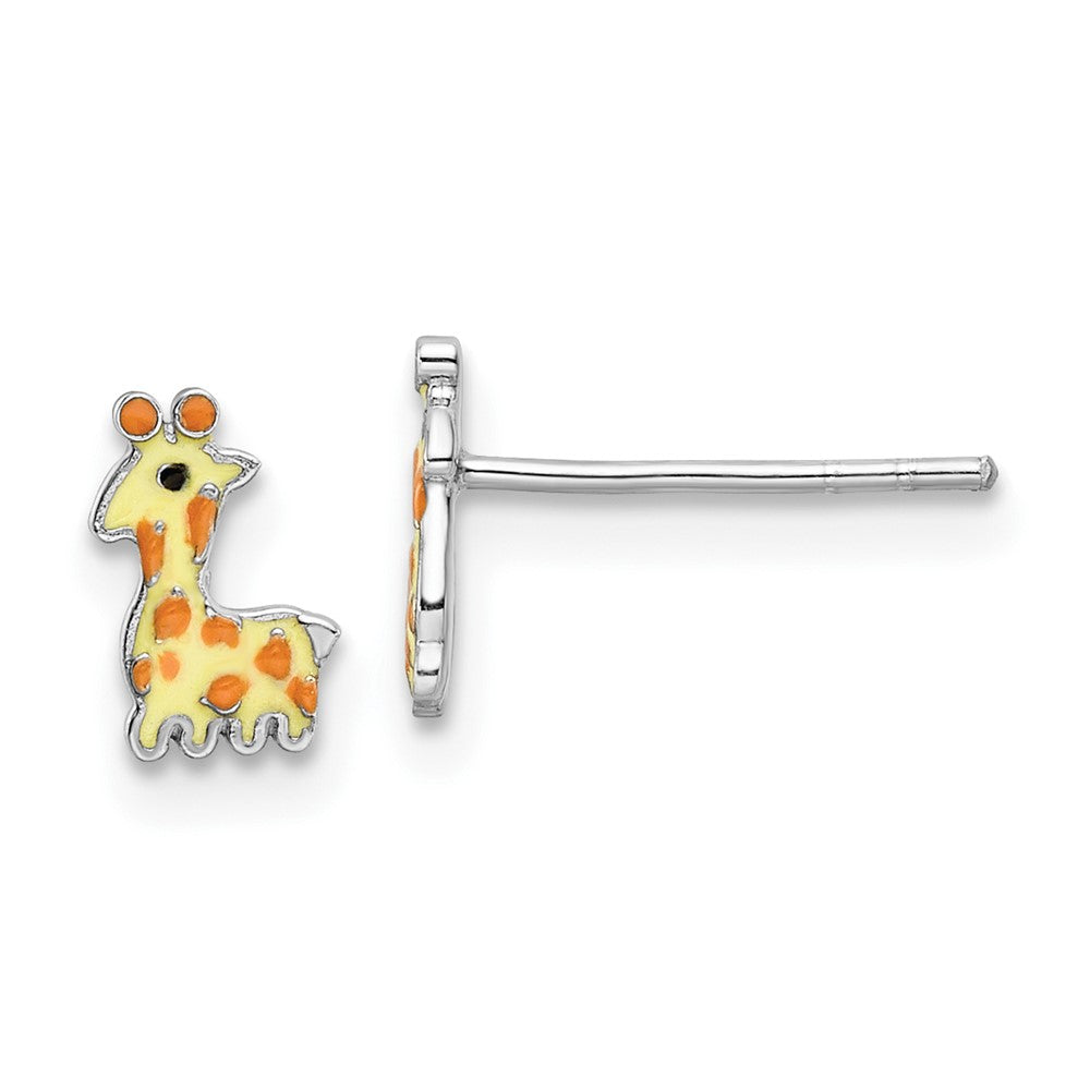 QE16635 Sterling Silver Rhodium-plated Polished & Yellow, Orange & Black Enameled Giraffe Children's Post Earrings