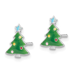 QE16637 Sterling Silver Rhodium-plated Polished Multi-color Enameled Christmas Tree Children's Post Earrings