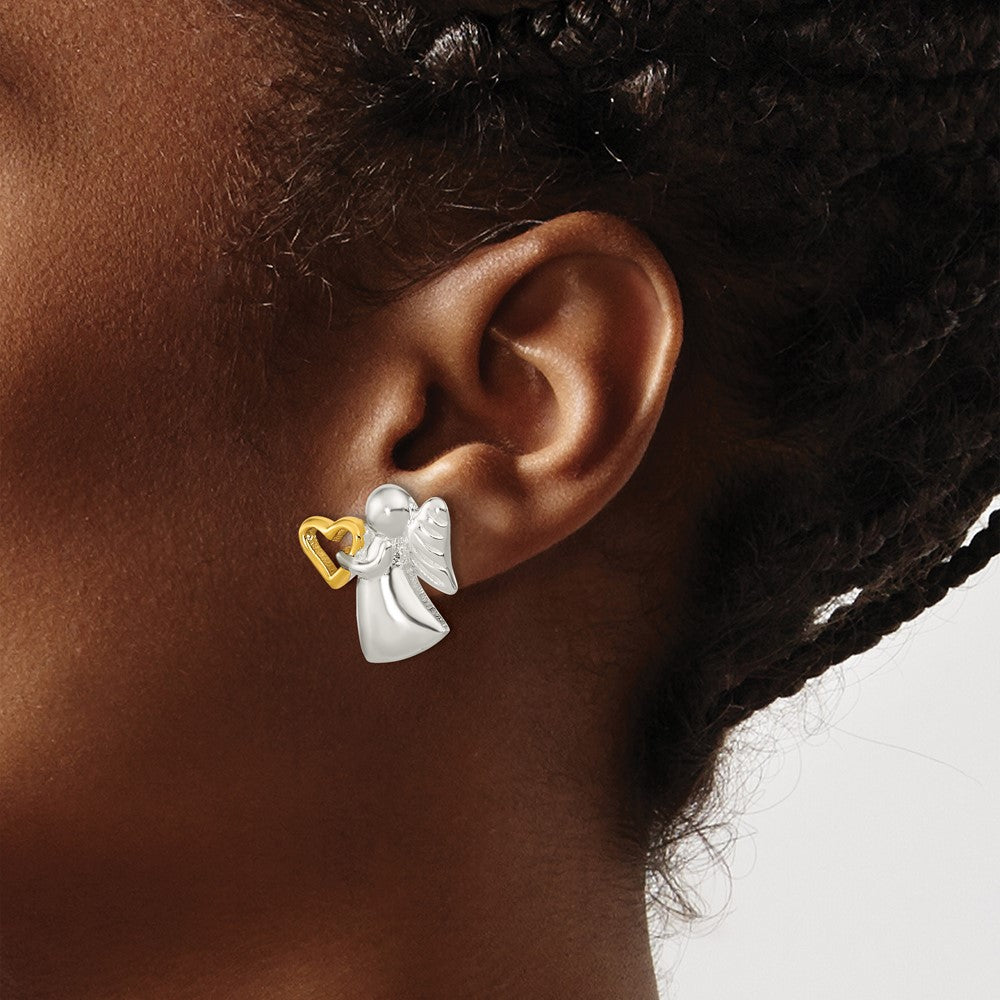QE16638 Sterling Silver Angel Gold Tone Heart Polished Post Earrings