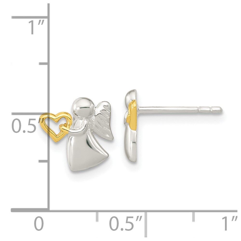 QE16638 Sterling Silver Angel Gold Tone Heart Polished Post Earrings