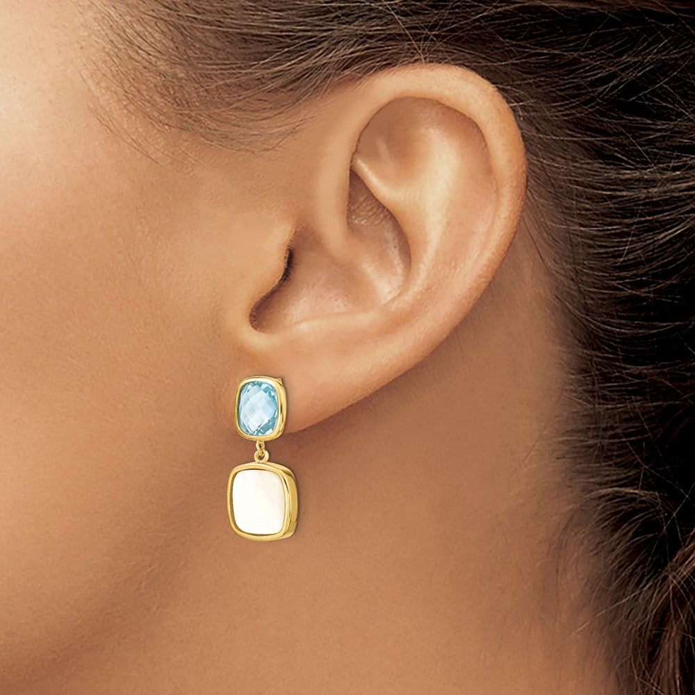 QE16640BT Sterling Silver Gold-plated 3.46BT Blue Topaz & MOP Post Dangle Earrings