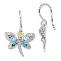 QE16657 Brilliant Gemstones Sterling Silver with 14K Accent Rhodium-plated Light Blue Topaz and London Blue Topaz and Diamond Dragonfly Shepherd Hook Dangle Earrings
