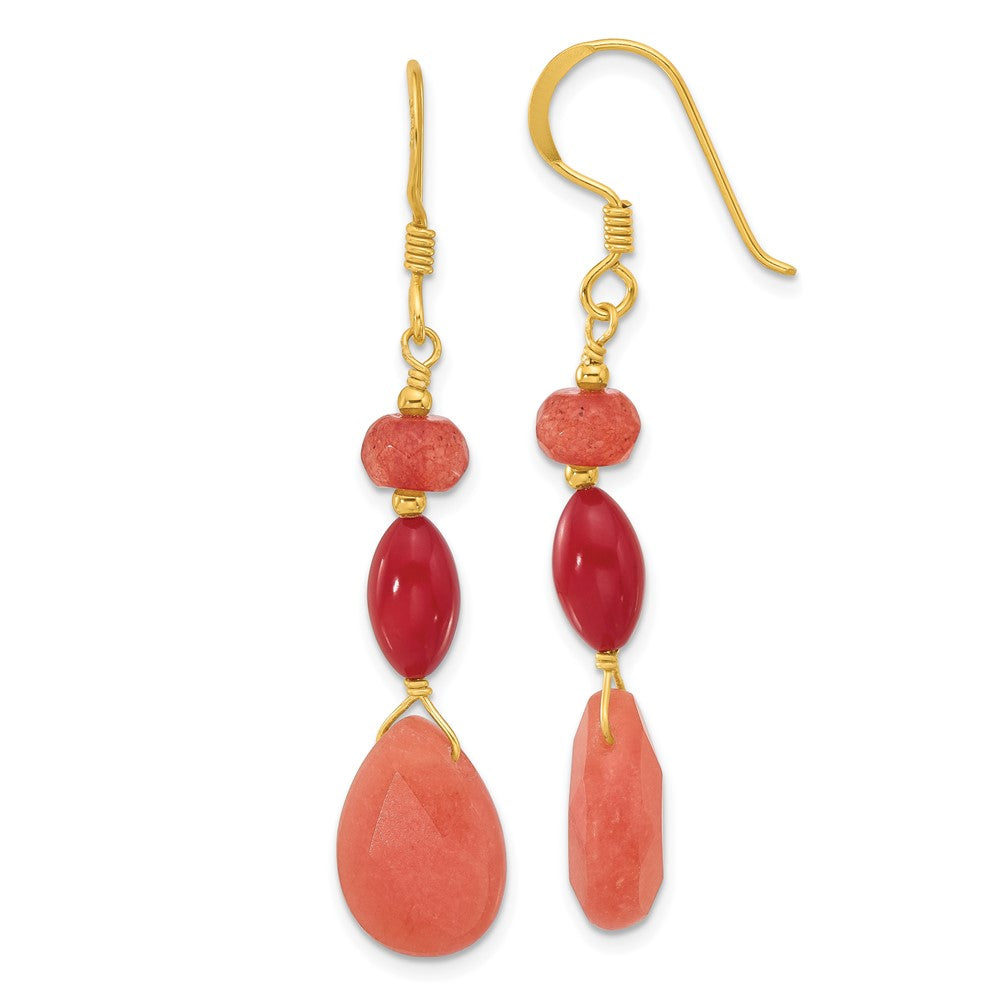 QE16673 Sterling Silver Gold-plated Coral and Jade Dangle Earrings