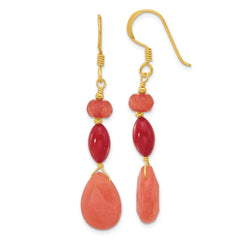 QE16673 Sterling Silver Gold-plated Coral and Jade Dangle Earrings