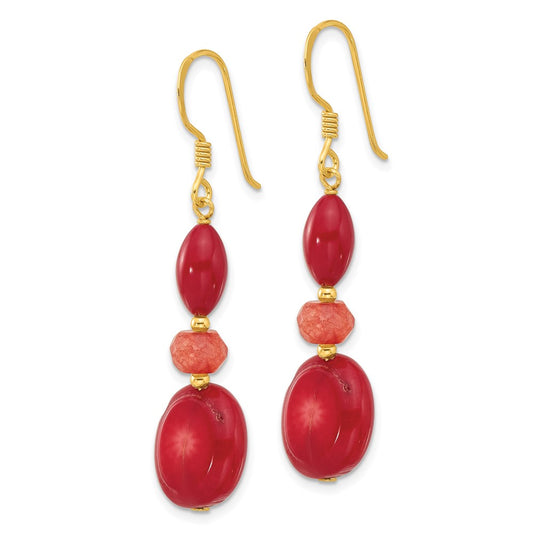 QE16711 Sterling Silver Gold-plated Coral/Jade Dangle Earrings