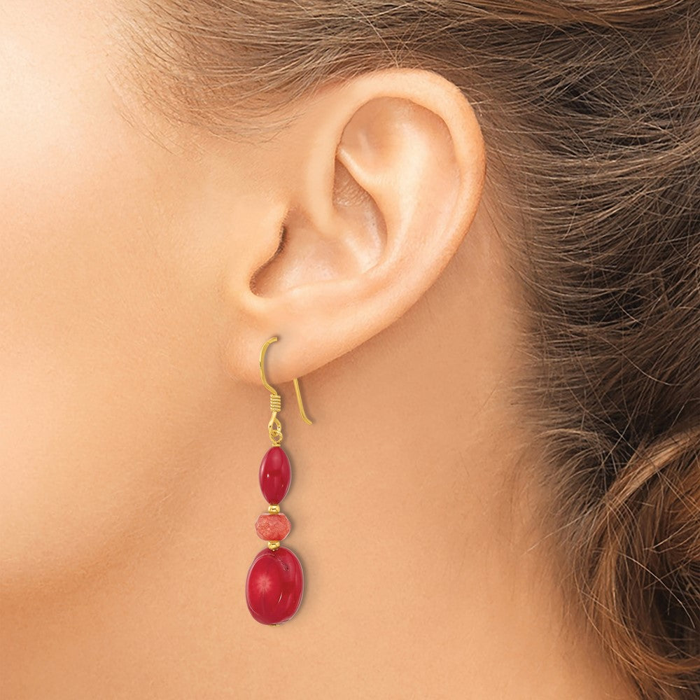 QE16711 Sterling Silver Gold-plated Coral/Jade Dangle Earrings