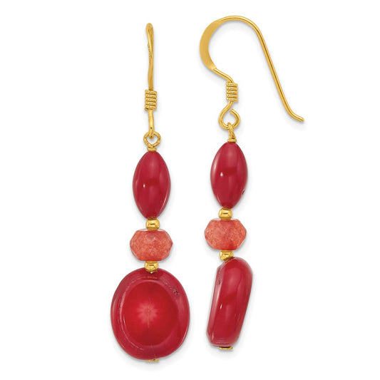 QE16711 Sterling Silver Gold-plated Coral/Jade Dangle Earrings