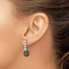QE16714 Sterling Silver Rhodium-plated 9-10mm Black Teardrop Tahitian Saltwater Cultured Pearl and CZ Post Dangle Earrings
