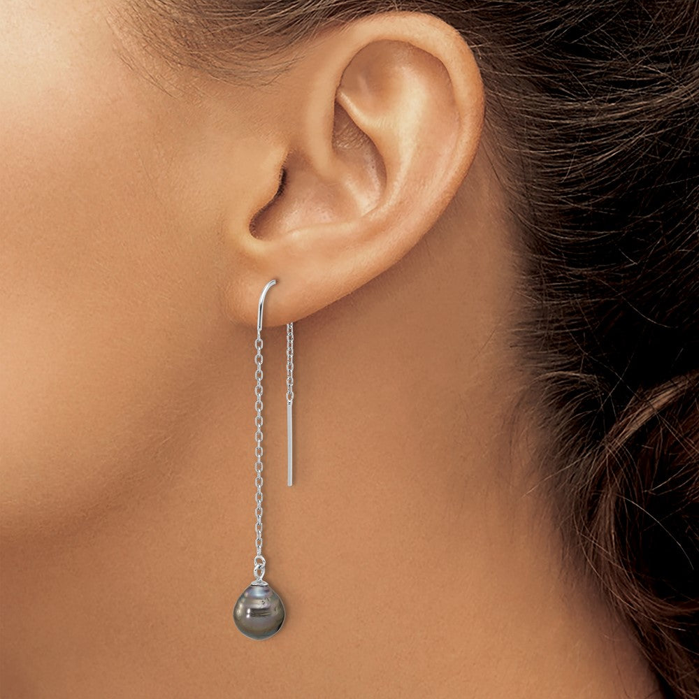 QE16715 Sterling Silver Rhodium-plated 9-10mm Black Teardrop Tahitian Saltwater Cultured Pearl Threader Earrings