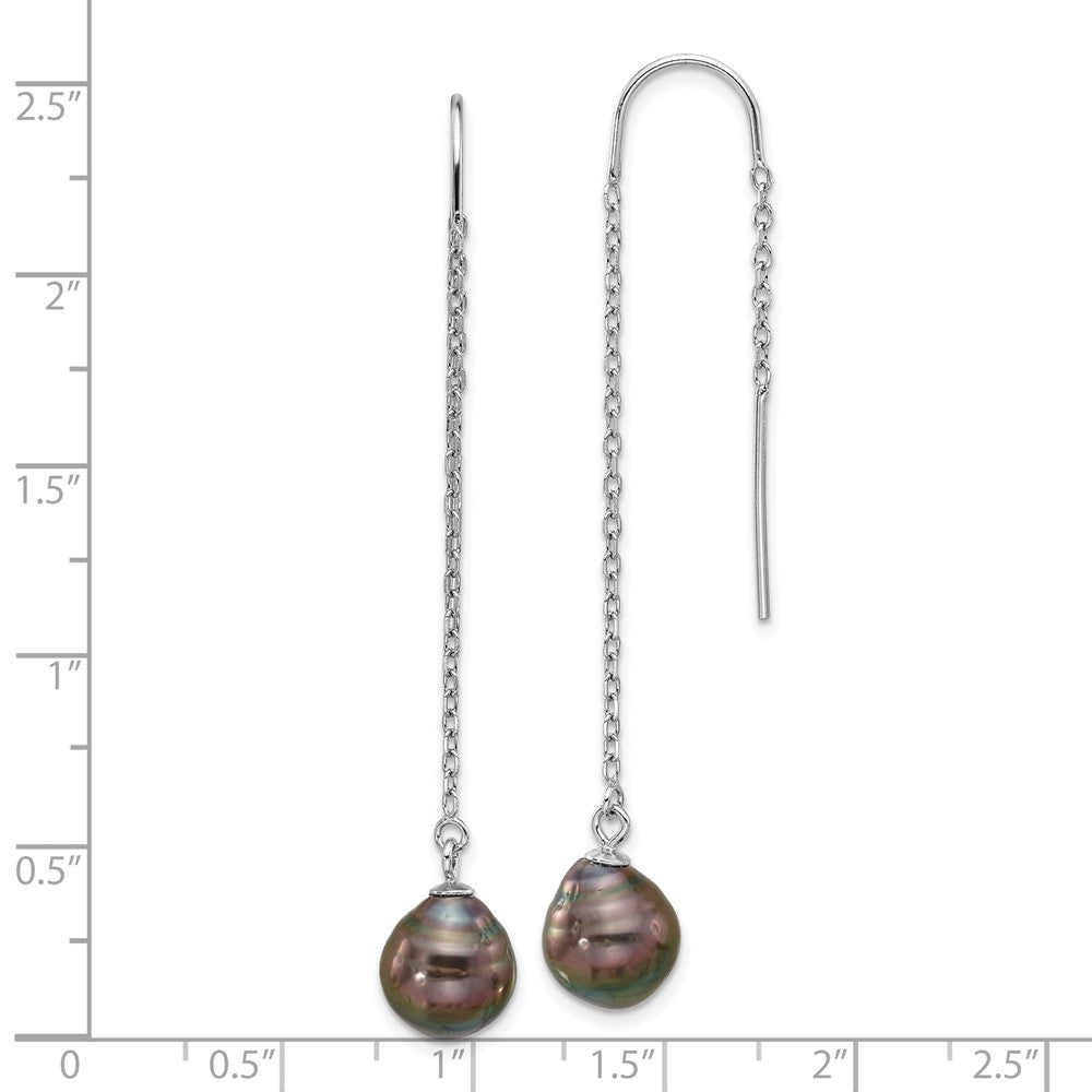 QE16715 Sterling Silver Rhodium-plated 9-10mm Black Teardrop Tahitian Saltwater Cultured Pearl Threader Earrings