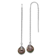QE16715 Sterling Silver Rhodium-plated 9-10mm Black Teardrop Tahitian Saltwater Cultured Pearl Threader Earrings