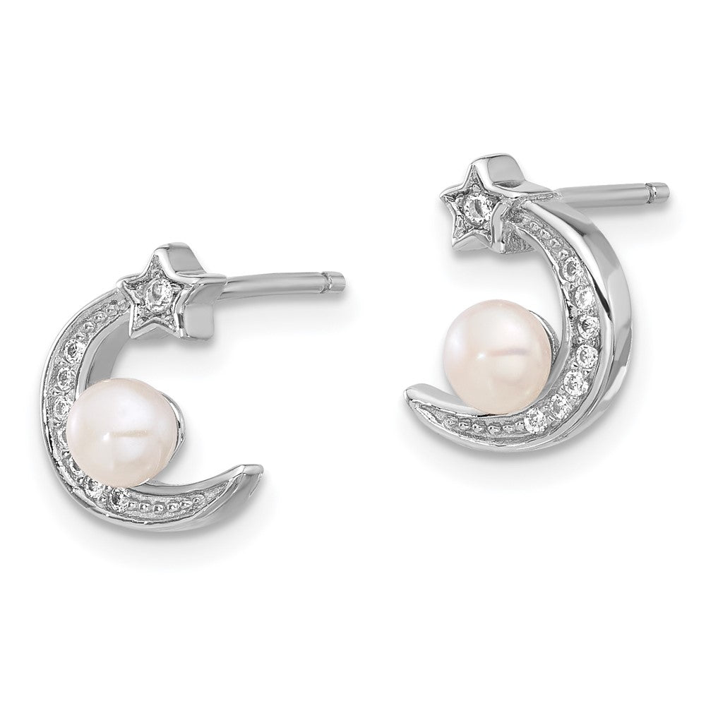 QE16718 Sterling Silver Rhod-plated CZ and FWC Pearl Moon and Star Post Earrings
