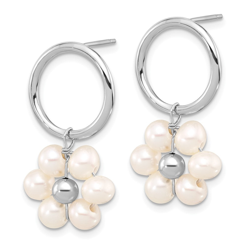 QE16719 Sterling Silver Rhodium-plated 4-5mm White Semi-Round Freshwater Cultured Pearl Flower Post Dangle Earrings