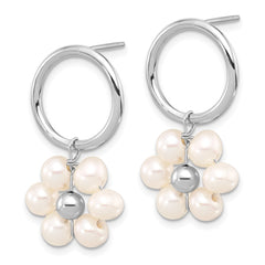 QE16719 Sterling Silver Rhodium-plated 4-5mm White Semi-Round Freshwater Cultured Pearl Flower Post Dangle Earrings