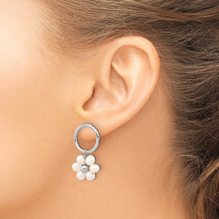 QE16719 Sterling Silver Rhodium-plated 4-5mm White Semi-Round Freshwater Cultured Pearl Flower Post Dangle Earrings