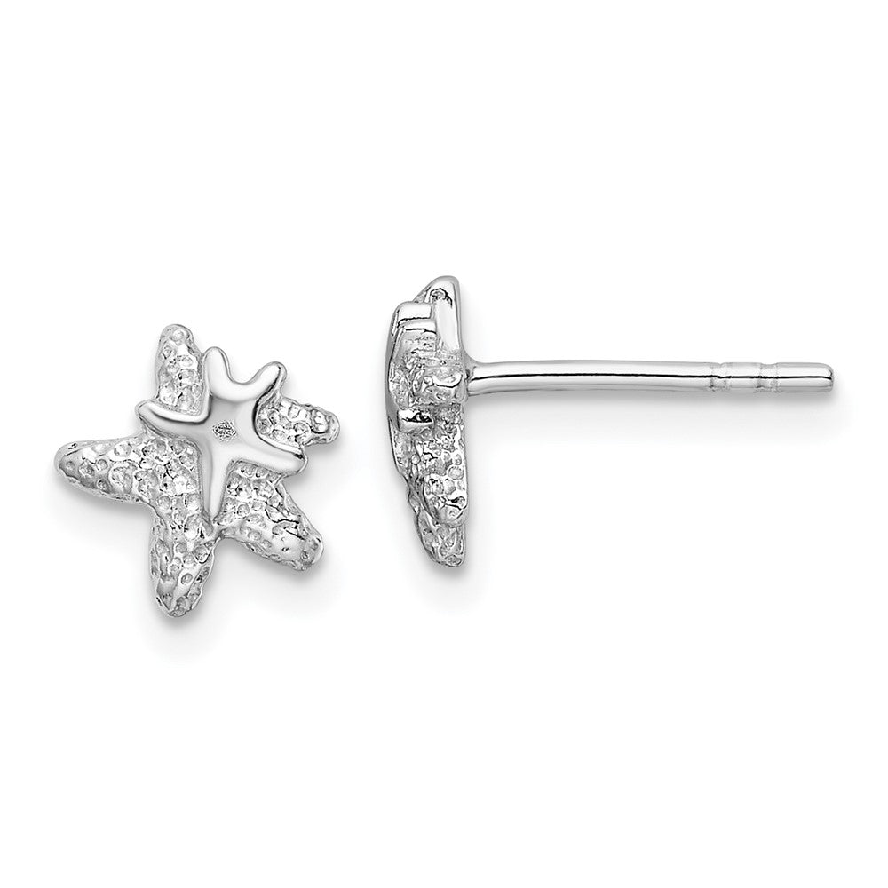 QE16738 Sterling Silver RH-plated Polished and Textured Starfish Earrings