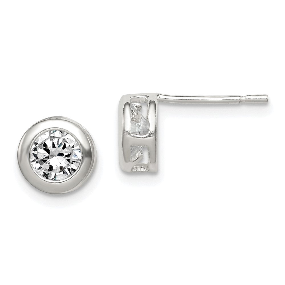 QE1674 Sterling Silver Polished 7mm Round CZ Bezel Set Stud Earrings