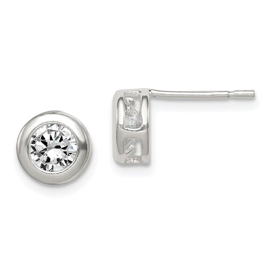 QE1674 Sterling Silver Polished 7mm Round CZ Bezel Set Stud Earrings