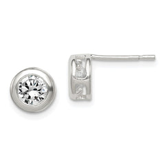 QE1674 Sterling Silver Polished 7mm Round CZ Bezel Set Stud Earrings