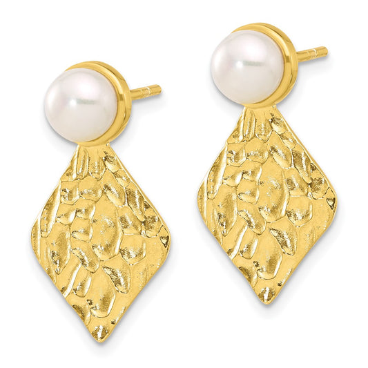 QE16757 Sterling Silver Gold-tone Hammered FWC Pearl Dangle Post Earrings