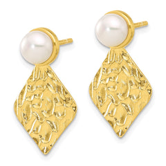 QE16757 Sterling Silver Gold-tone Hammered FWC Pearl Dangle Post Earrings