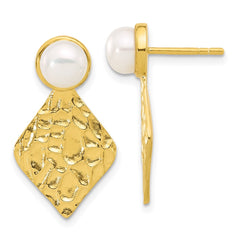 QE16757 Sterling Silver Gold-tone Hammered FWC Pearl Dangle Post Earrings