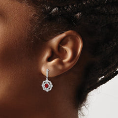 QE16758 Sterling Silver RH-pltd Red Glass and Clear CZ Vintage Dangle Post Earring