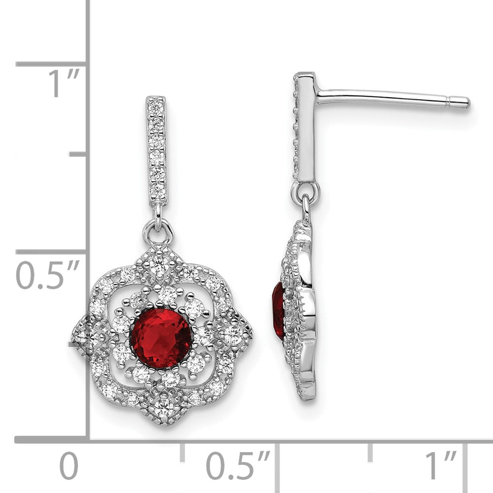 QE16758 Sterling Silver RH-pltd Red Glass and Clear CZ Vintage Dangle Post Earring