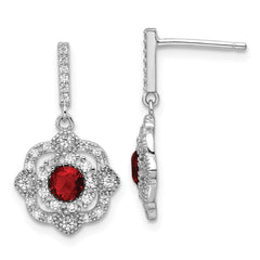 QE16758 Sterling Silver RH-pltd Red Glass and Clear CZ Vintage Dangle Post Earring