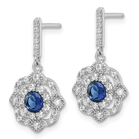 QE16759 Sterling Silver RH-pltd Blue Glass and Clear CZ Vintage Dangle Post Earring