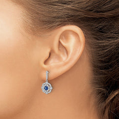 QE16759 Sterling Silver RH-pltd Blue Glass and Clear CZ Vintage Dangle Post Earring