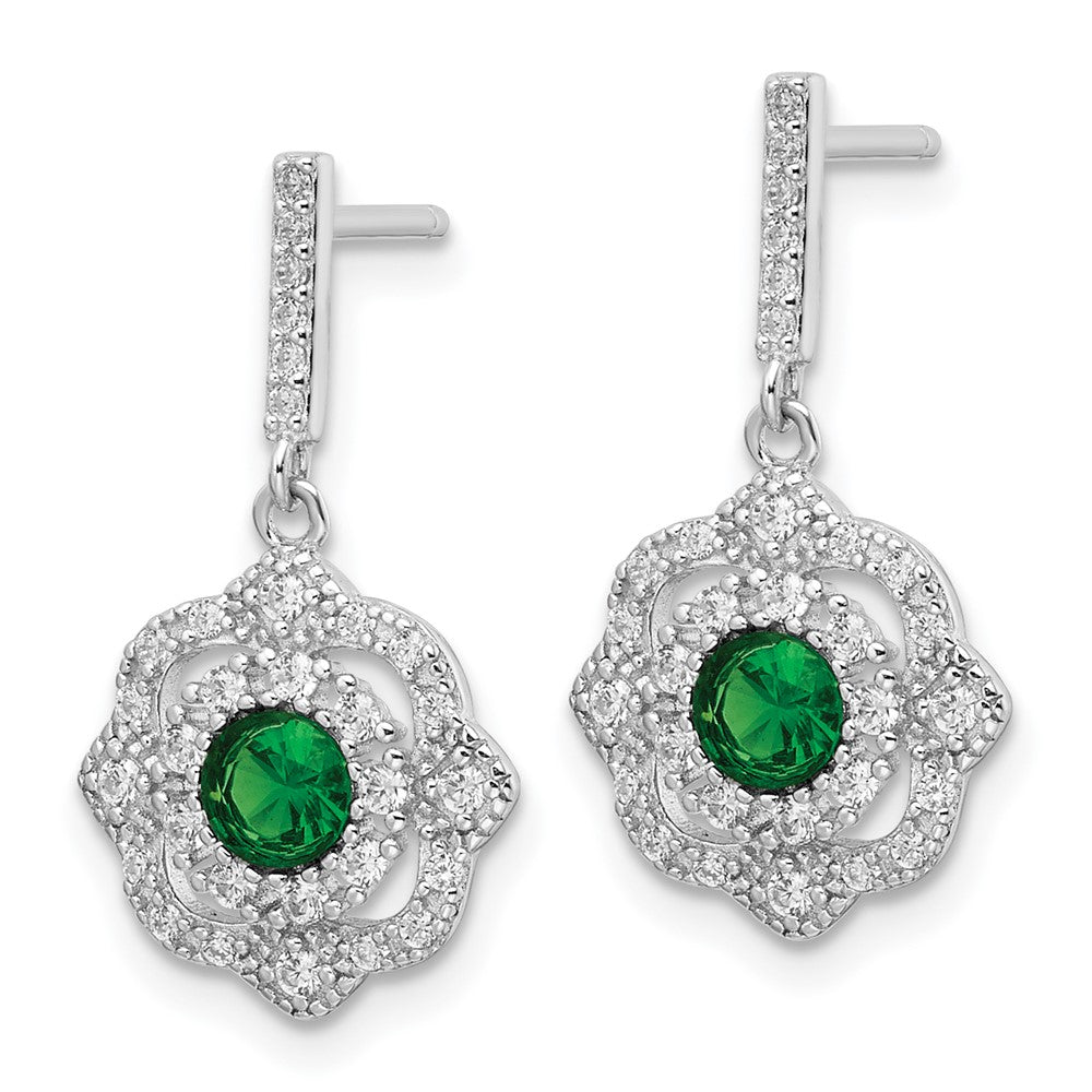 QE16760 Sterling Silver RH-pltd Green Glass and Clear CZ Vintage Dangle Post Earrin