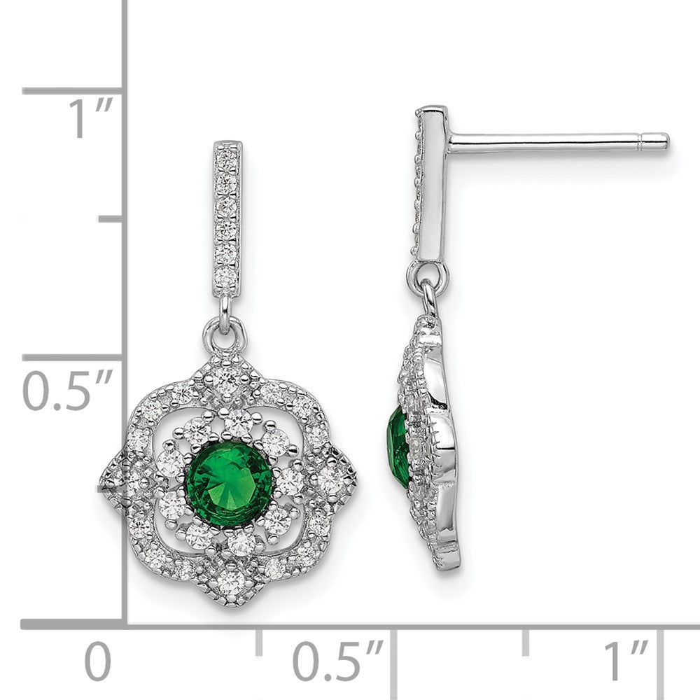 QE16760 Sterling Silver RH-pltd Green Glass and Clear CZ Vintage Dangle Post Earrin