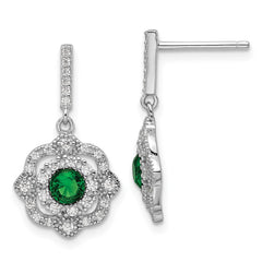 QE16760 Sterling Silver RH-pltd Green Glass and Clear CZ Vintage Dangle Post Earrin