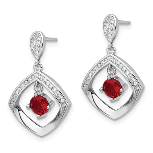 QE16761 Sterling Silver RH-plated Red Glass and Clear CZ Fancy Square Post Earrings