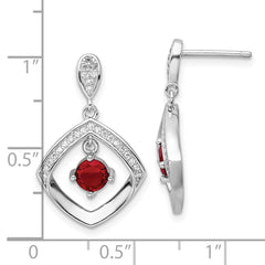 QE16761 Sterling Silver RH-plated Red Glass and Clear CZ Fancy Square Post Earrings