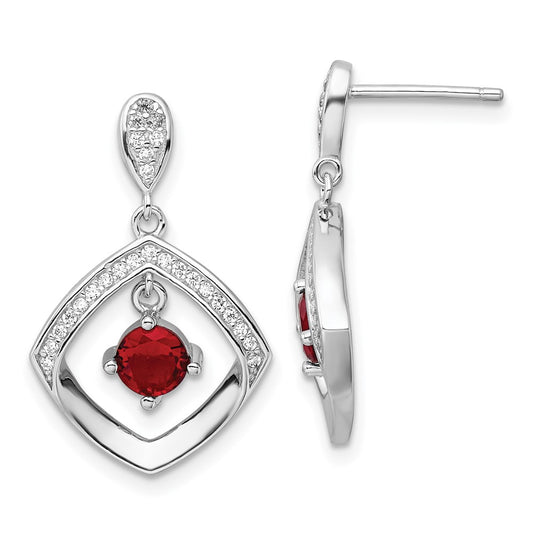 QE16761 Sterling Silver RH-plated Red Glass and Clear CZ Fancy Square Post Earrings