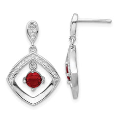 QE16761 Sterling Silver RH-plated Red Glass and Clear CZ Fancy Square Post Earrings