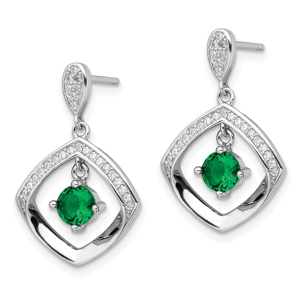 QE16763 Sterling Silver RH-pltd Green Glass and Clear CZ Fancy Square Post Earrings