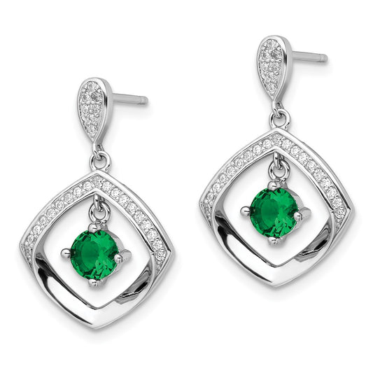 QE16763 Sterling Silver RH-pltd Green Glass and Clear CZ Fancy Square Post Earrings
