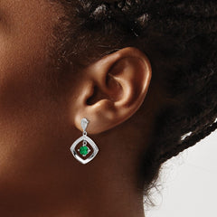 QE16763 Sterling Silver RH-pltd Green Glass and Clear CZ Fancy Square Post Earrings