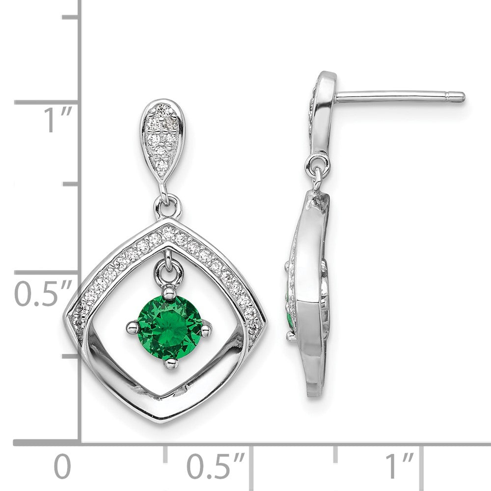 QE16763 Sterling Silver RH-pltd Green Glass and Clear CZ Fancy Square Post Earrings