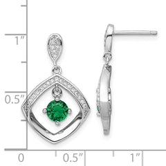 QE16763 Sterling Silver RH-pltd Green Glass and Clear CZ Fancy Square Post Earrings