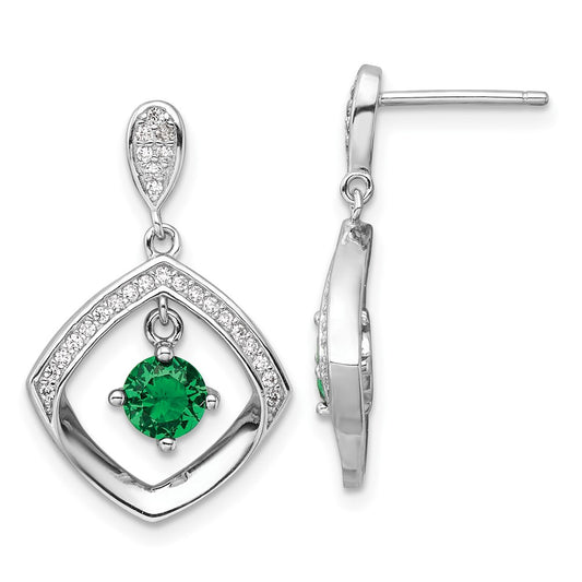QE16763 Sterling Silver RH-pltd Green Glass and Clear CZ Fancy Square Post Earrings