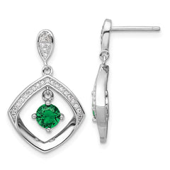 QE16763 Sterling Silver RH-pltd Green Glass and Clear CZ Fancy Square Post Earrings
