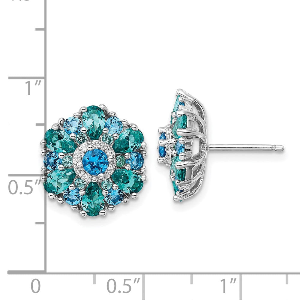 QE16765 Sterling Silver Rh-pltd Blue/Green Nano Crystal and CZ Floral Post Earrings