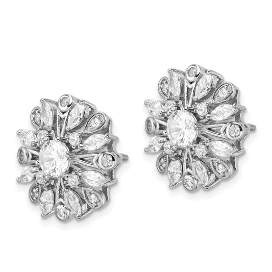 QE16766 Sterling Silver Rhodium-plated CZ Floral Post Earrings