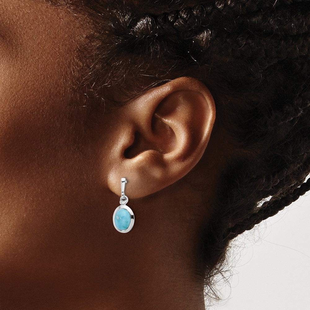 QE16768 Sterling Silver RH-plated Oval Turquoise Drop Post Earrings
