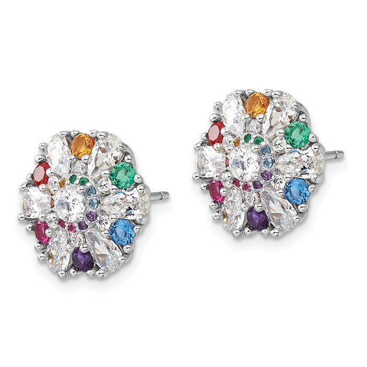 QE16769 Sterling Silver Rh-pltd Rainbow Nano Crystal and Clear CZ Post Earrings